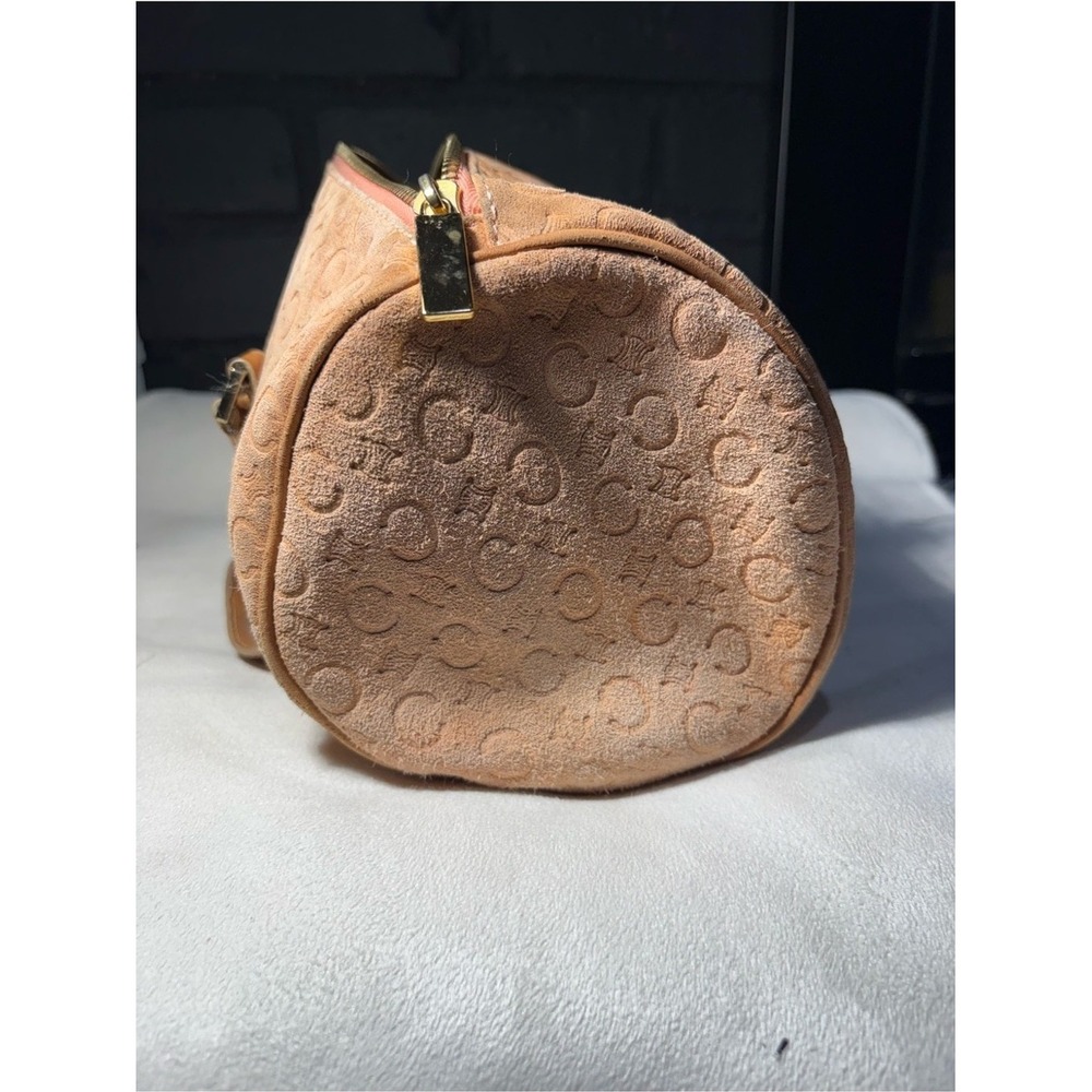 Celine Vintage C Macadam Monogram Suede Barrel Bag Peach Tan Leather Trim - Picture 4 of 6